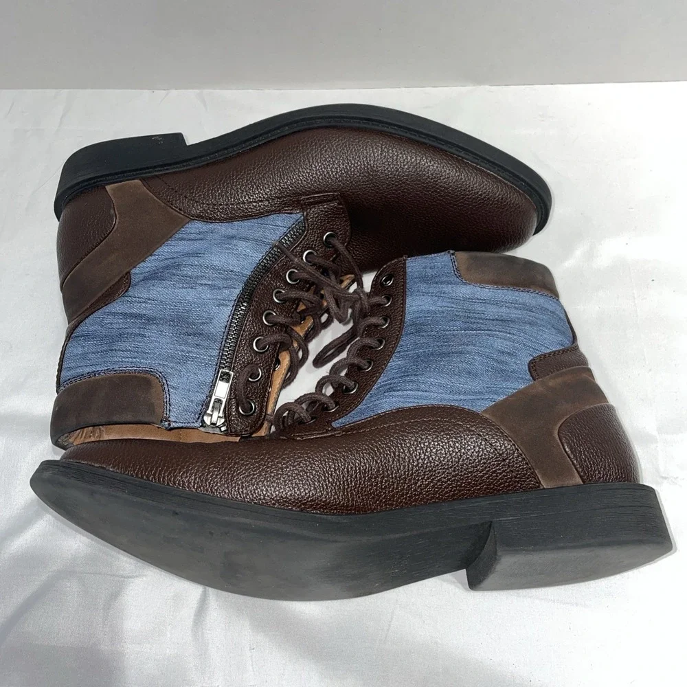 Guess Jadon Mens Brown Pebbled Boots Blue Denim Panels Side Zip GNJADON-R Size 9